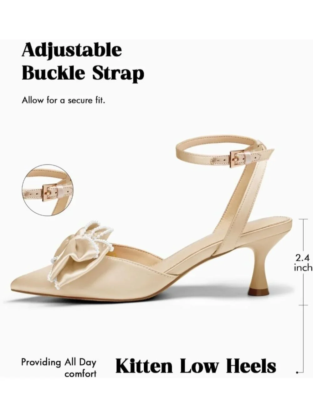 Women's Gold Satin Kitten Low Heels Bow Pearl Closed Pointed Toe Ankle Strap